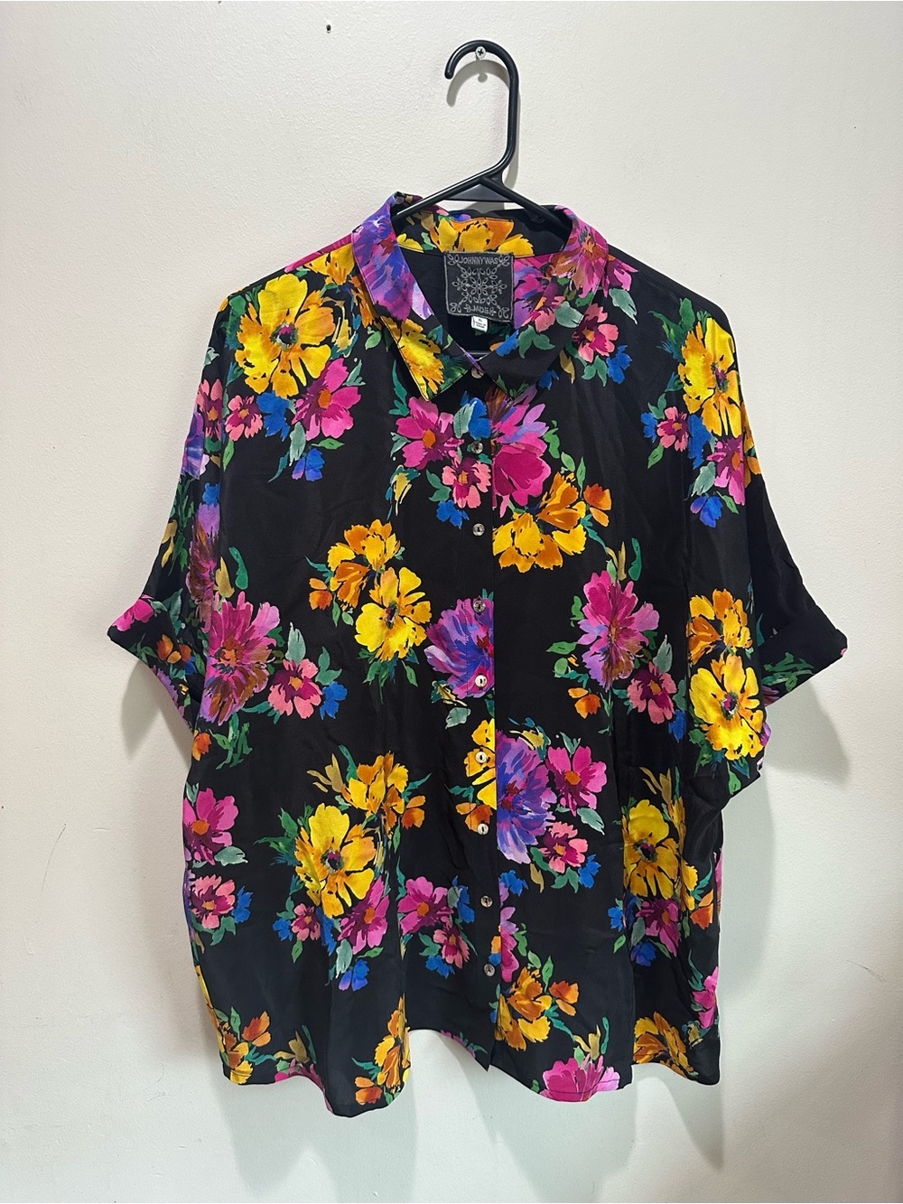 Johnny Was Black Button-Down Shirt with Yellow, Pink & Purple Floral 100%Silk